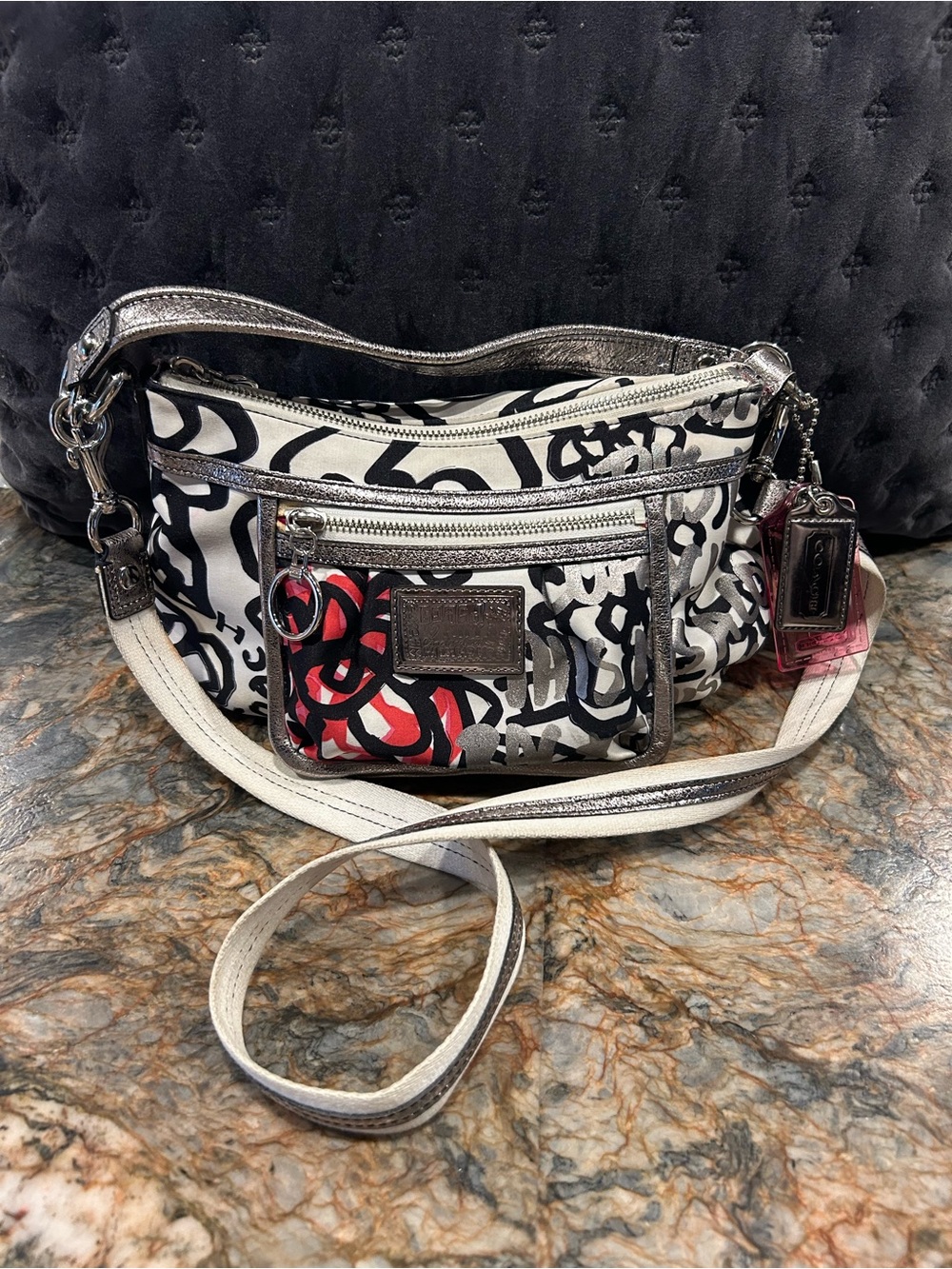 Coach Y2K Poppy White and Black Signature Graffiti Crossbody with Red Accent
